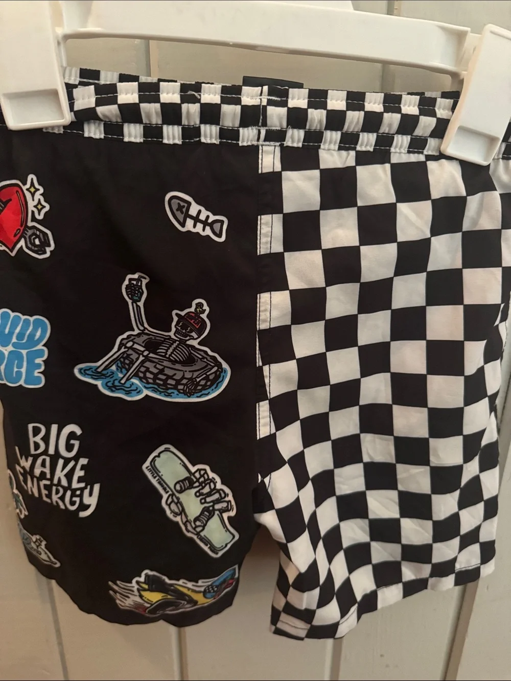 Black Checkerboard & Graphic Patch Kids Swim Trunks